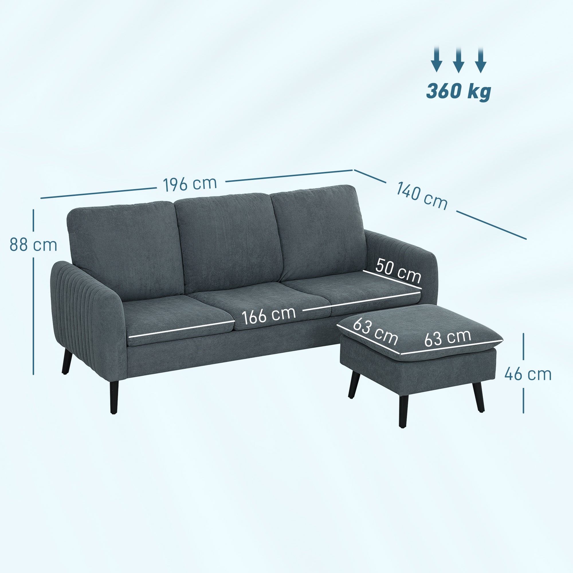 HOMCOM 3 Seater Sofa with Ottoman, 196cm Corduroy L-shaped Sofa Couch with Scatter Back, Reversible Chaise Lounge for Living Room, Home Office, Small Spaces, Charcoal Grey